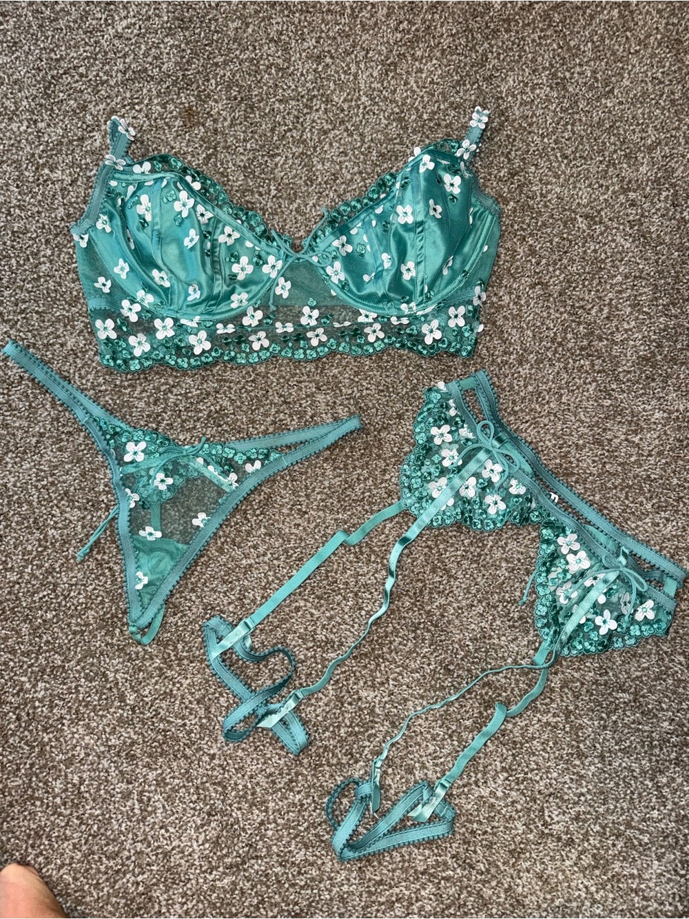 For Love & Lemons Teal Floral Embroidered 3 piece lingerie set